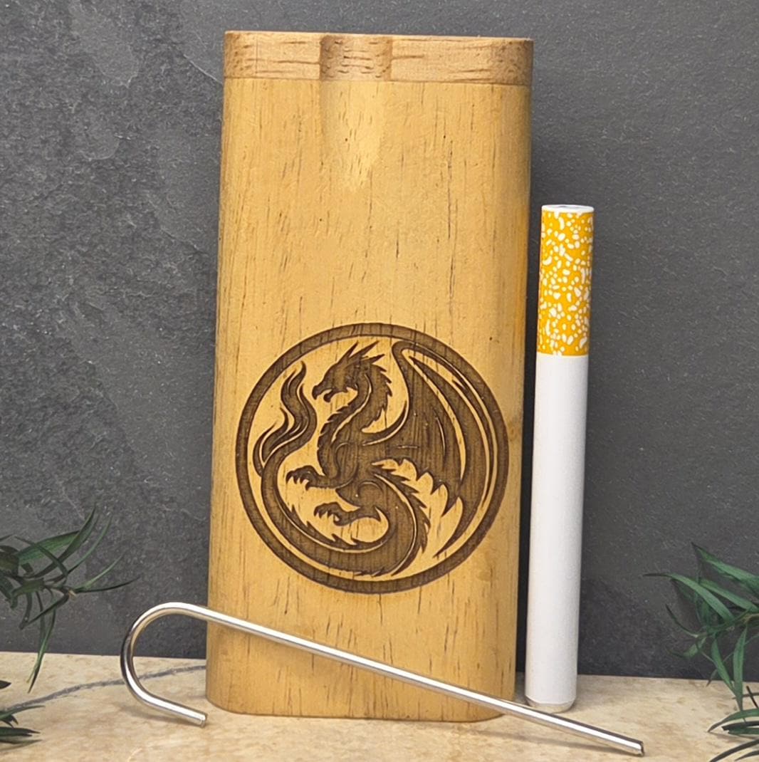 Wood Dugout Stash Box with Pick and One Hitter - dragon