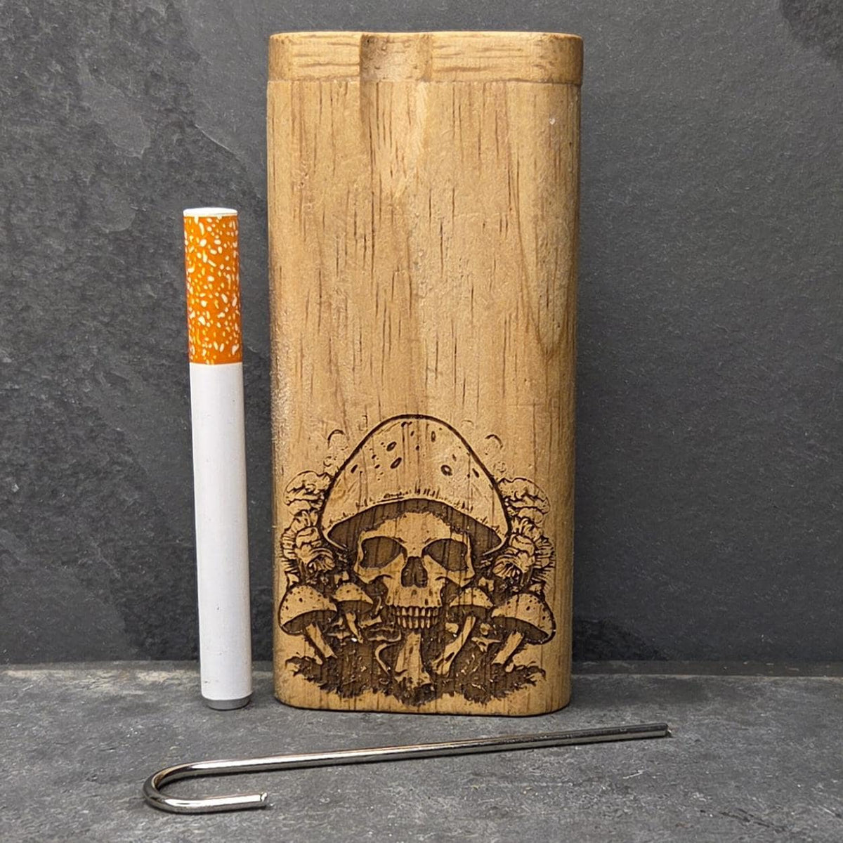 Wood Dugout Stash Box with Pick and One Hitter - Mushroom Skull