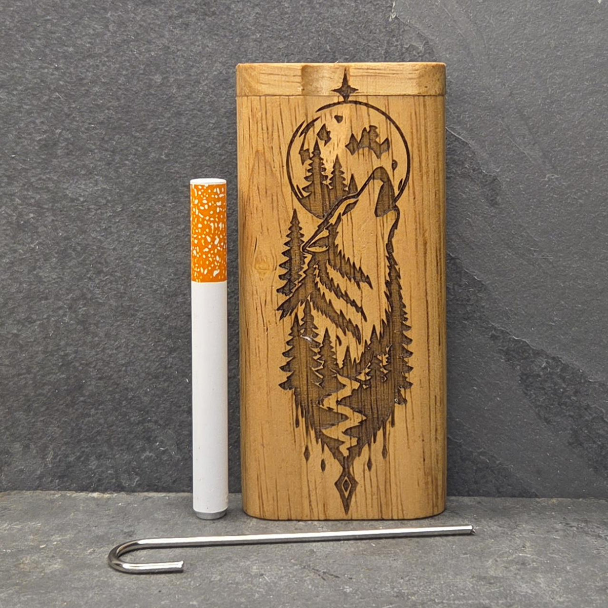 Wood Dugout Stash Box with Pick and One Hitter - Howling Wolf