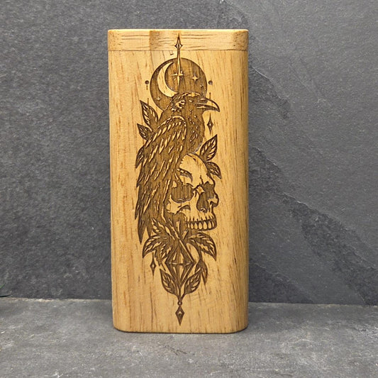 Wood Dugout Stash Box with Pick and One Hitter - Raven Crow Skull
