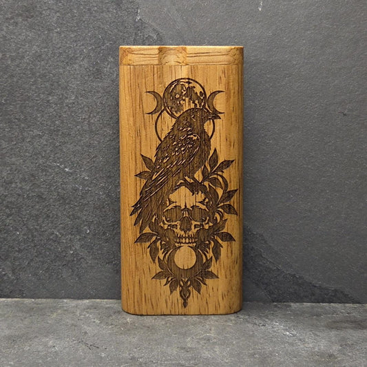 Wood Dugout Stash Box with Pick and One Hitter - Raven Crow Moon