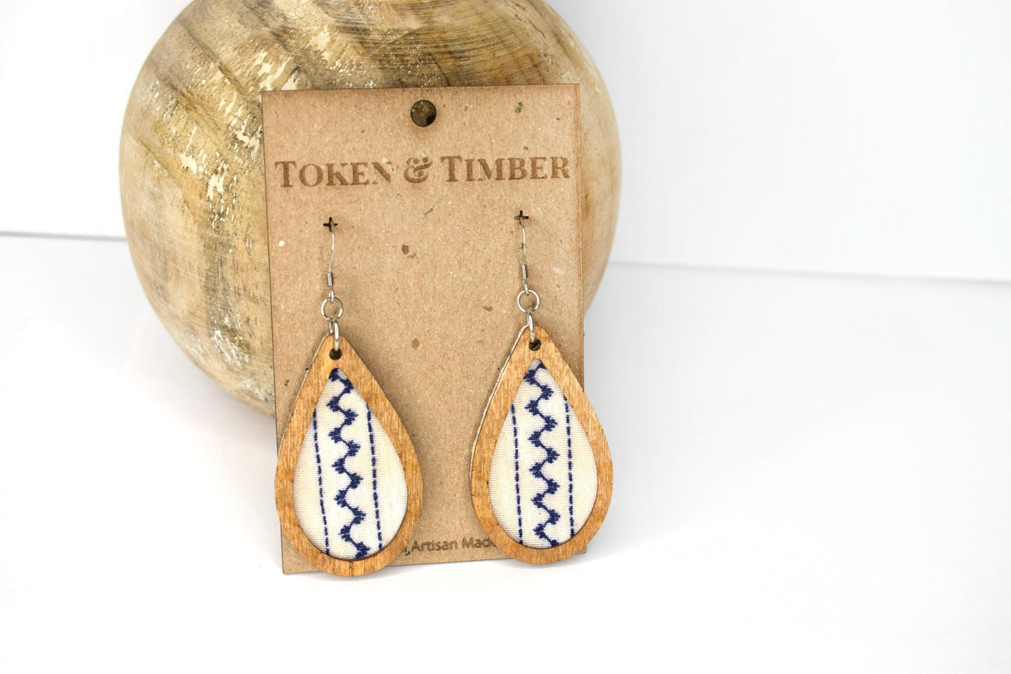 Folk Blue and White Print Recycled Fabric Earrings