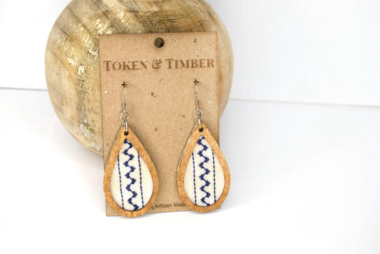 Folk Blue and White Print Recycled Fabric Earrings