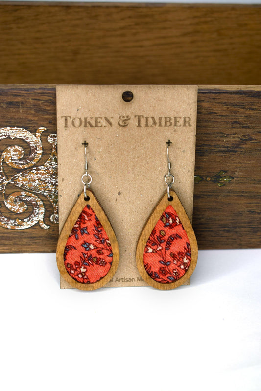 Paisley Fabric Earrings: Recycled Fabric, Baltic Birch, Stainless Steel Wires