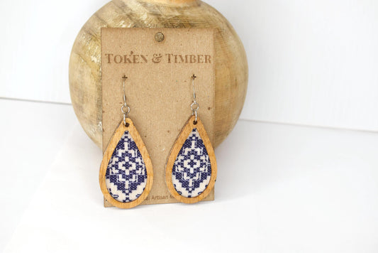 Folk Blue and White Print Recycled Fabric Earrings