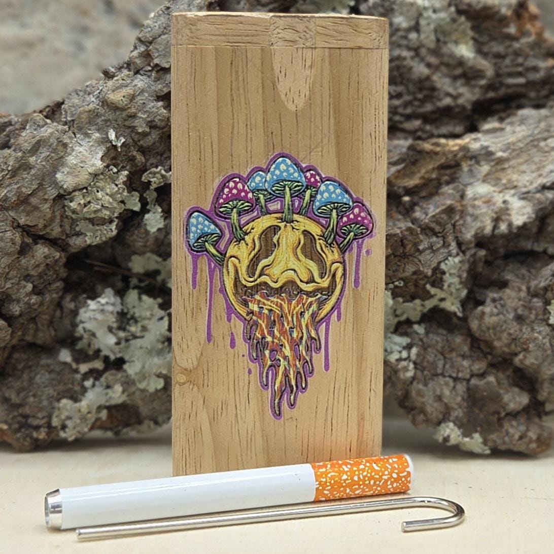 Psychedelic Mushrooms Smiley Face Etched Wood Dugout with Hitter Blonde