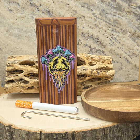 Psychedelic Mushrooms Smiley Face Teak Dugout with One Hitter