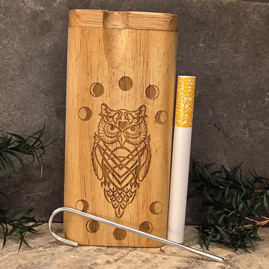 Wood Dugout Stash Box with Pick and One Hitter - Moon Phase Owl