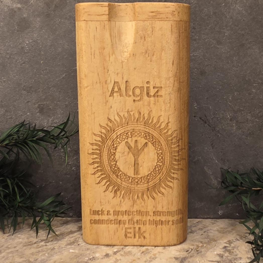Wood Dugout Stash Box with Pick and One Hitter - Algiz Rune