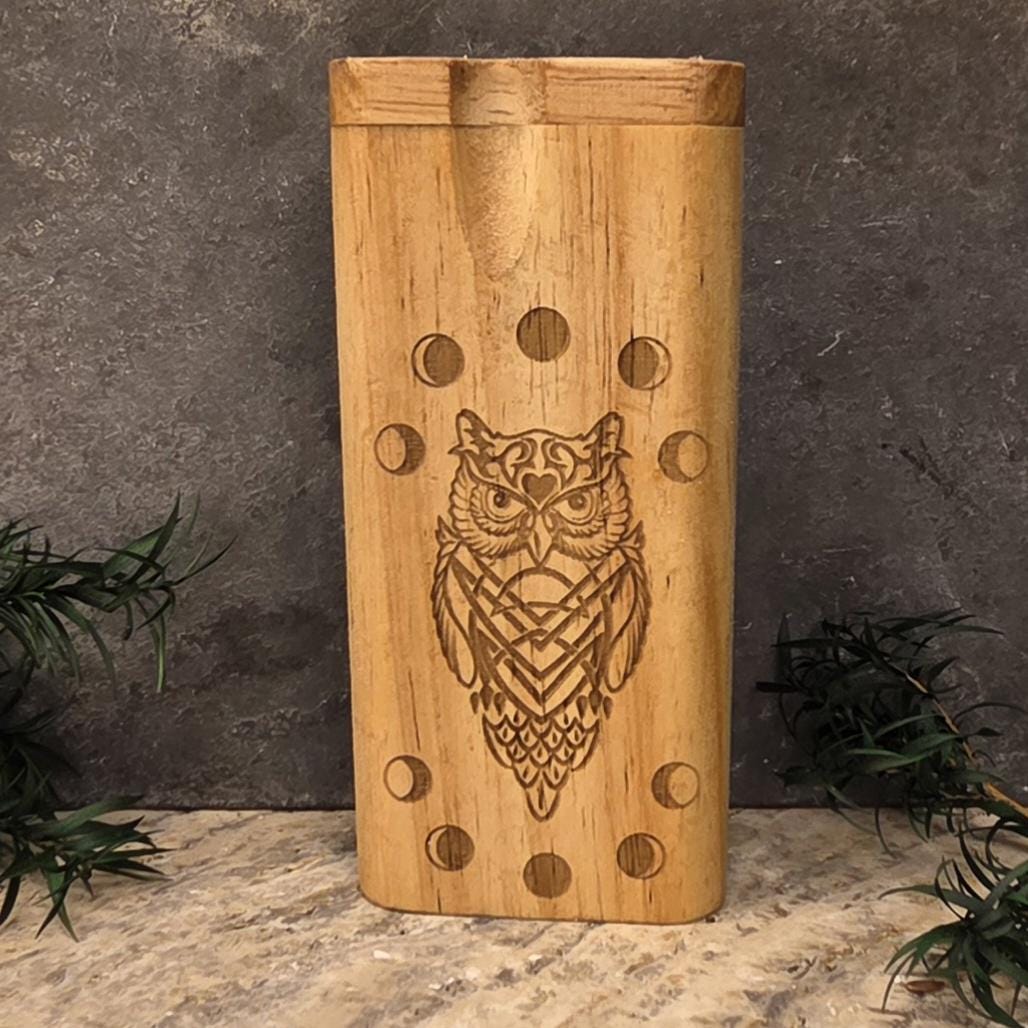Wood Dugout Stash Box with Pick and One Hitter - Moon Phase Owl