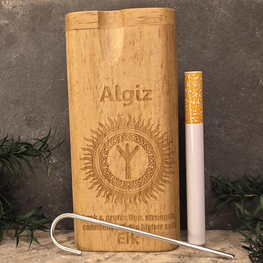 Wood Dugout Stash Box with Pick and One Hitter - Algiz Rune