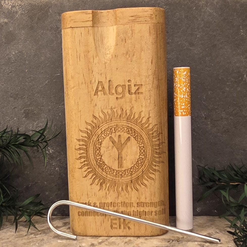 Wood Dugout Stash Box with Pick and One Hitter - Algiz Rune