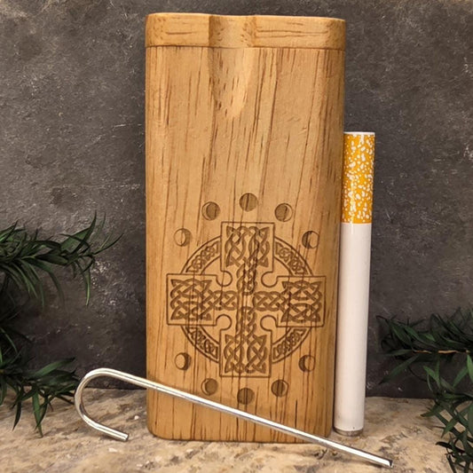 Wood Dugout Stash Box with Pick and One Hitter - Celtic Cross
