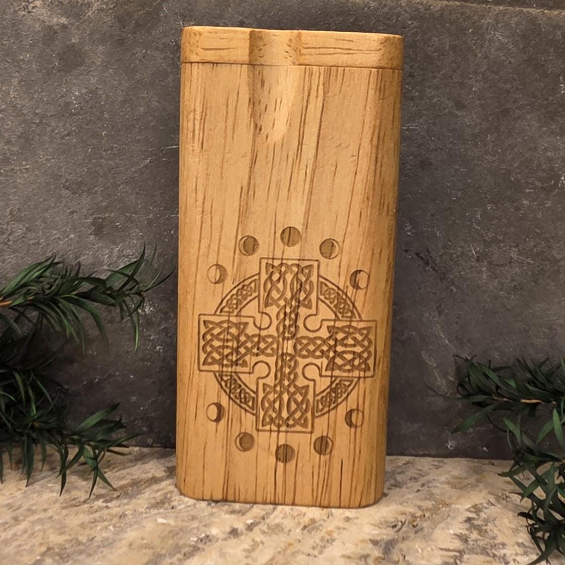 Wood Dugout Stash Box with Pick and One Hitter - Celtic Cross