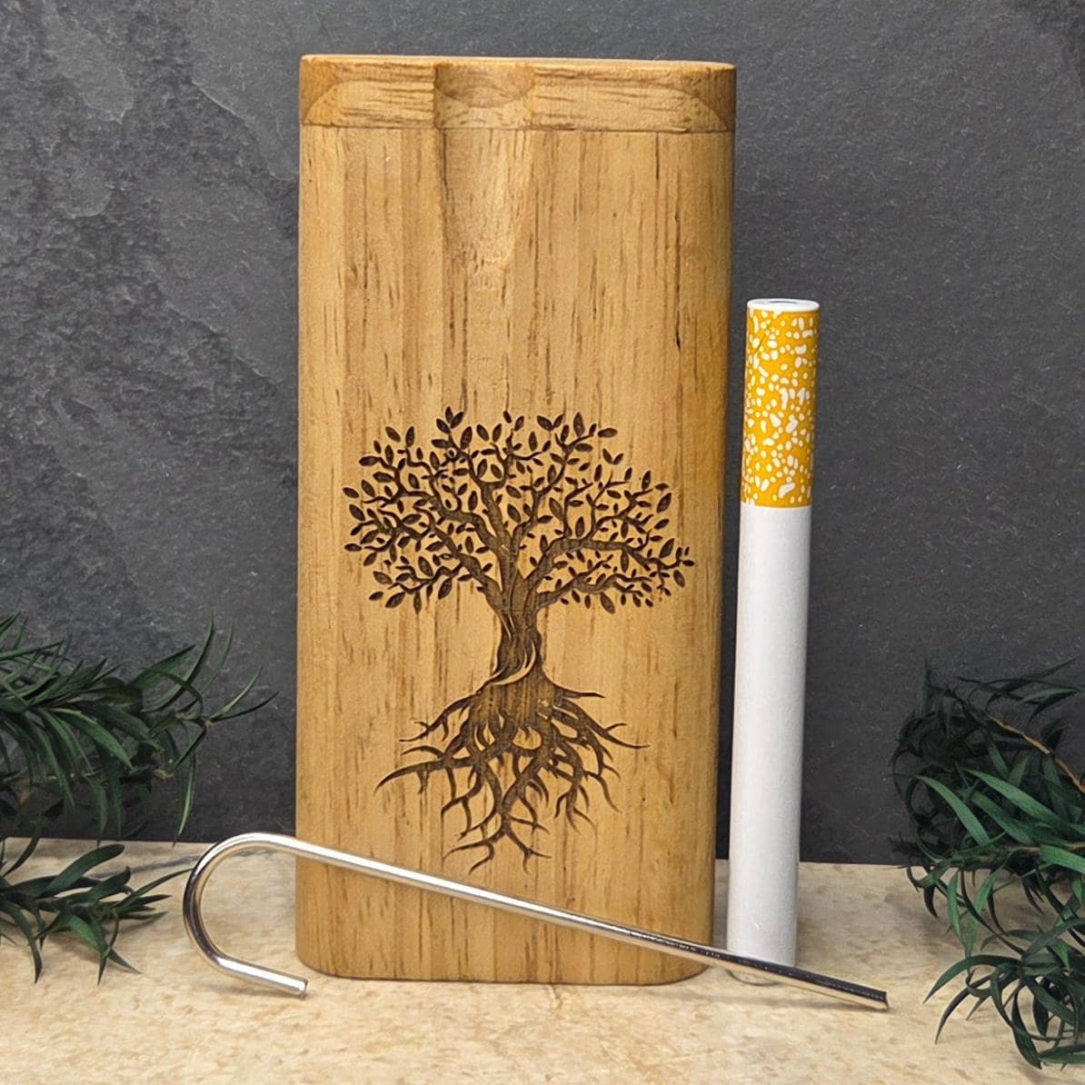 Wood Dugout Stash Box with Pick and One Hitter - Tree