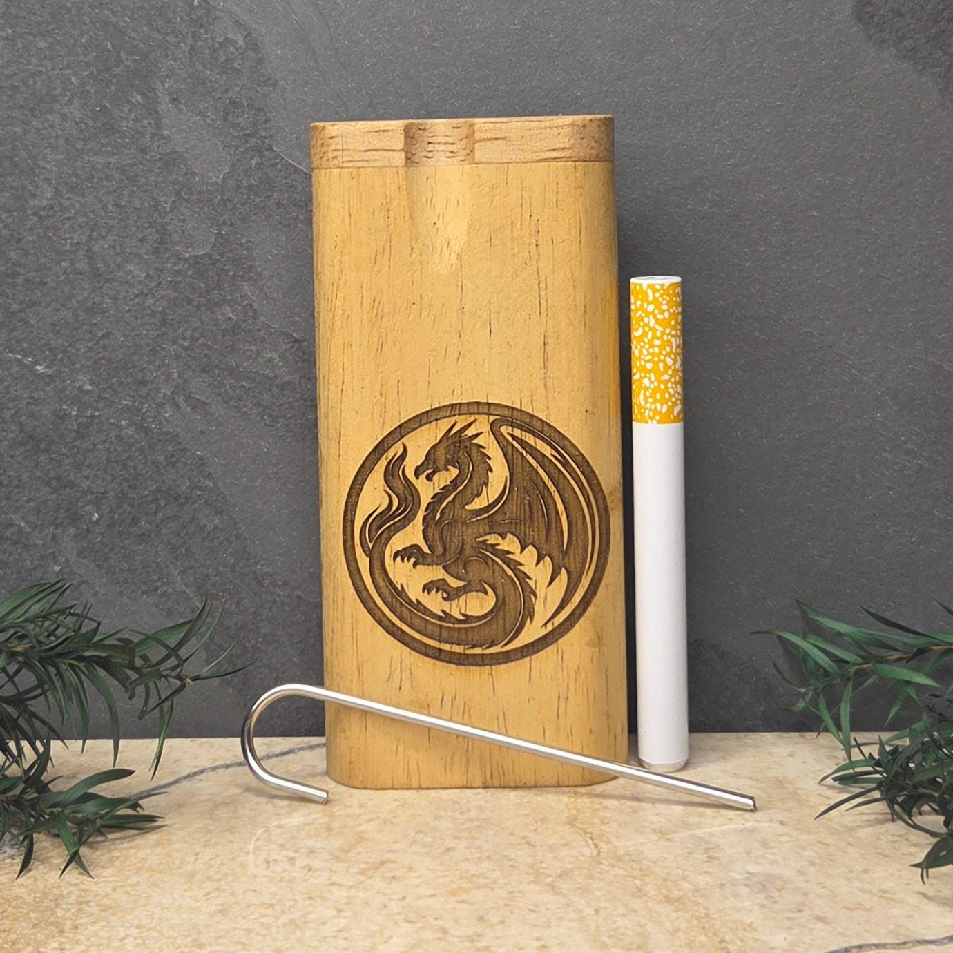 Wood Dugout Stash Box with Pick and One Hitter - dragon