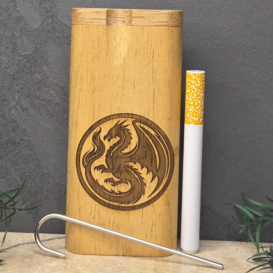 Wood Dugout Stash Box with Pick and One Hitter - dragon