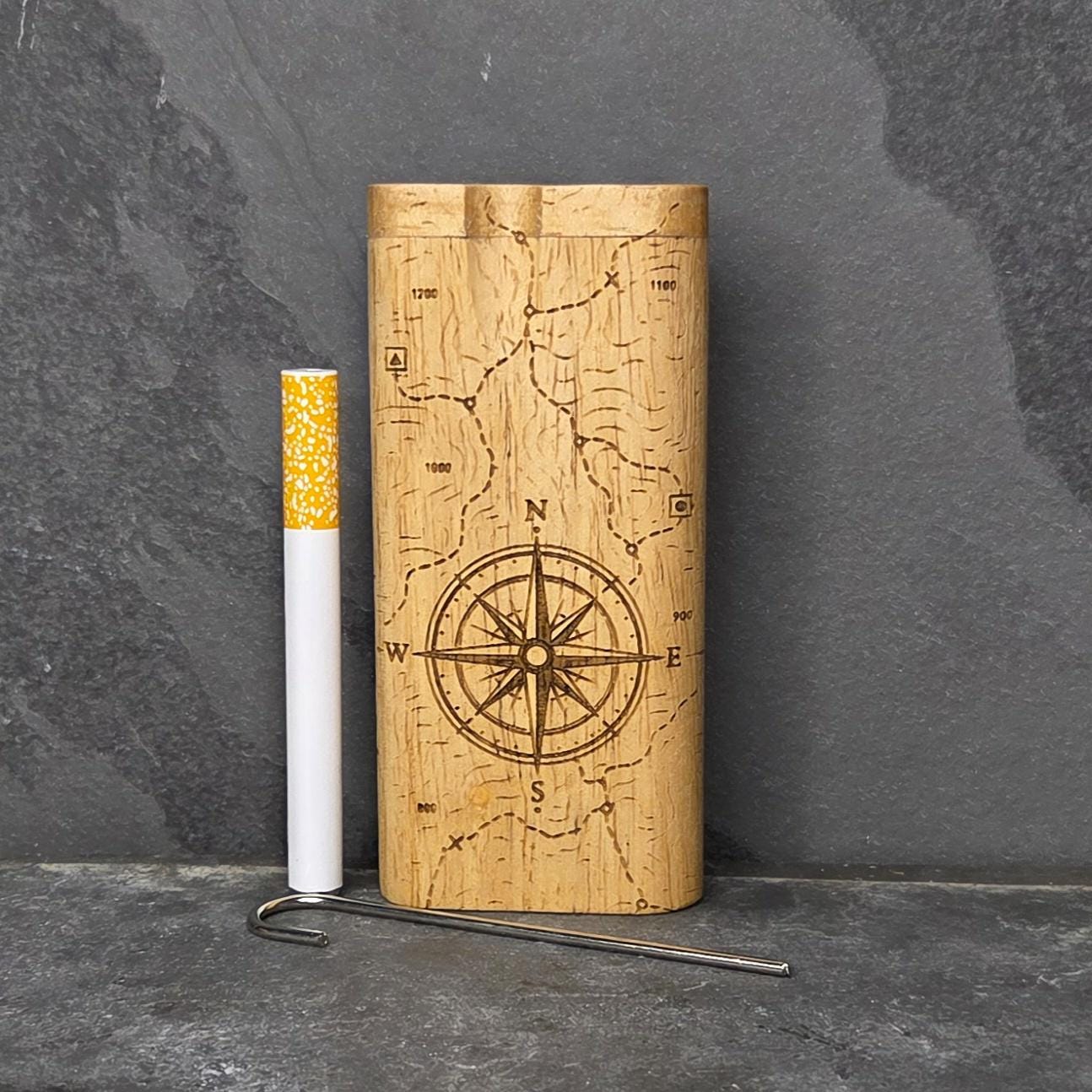 Wood Dugout Stash Box with Pick and One Hitter - Compass