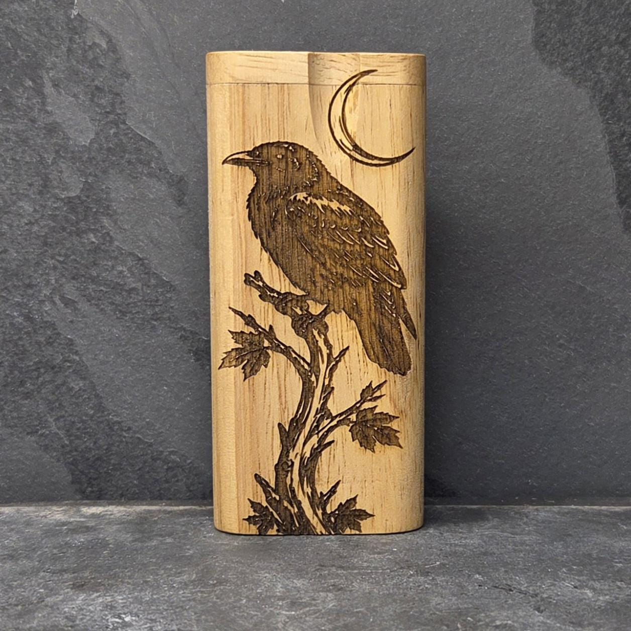 Wood Dugout Stash Box with Pick and One Hitter - Crescent Moon Raven Crow