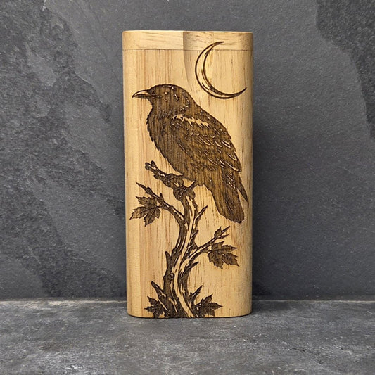 Wood Dugout Stash Box with Pick and One Hitter - Crescent Moon Raven Crow
