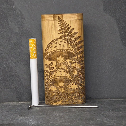 Wood Dugout Stash Box with Pick and One Hitter - Mushrooms