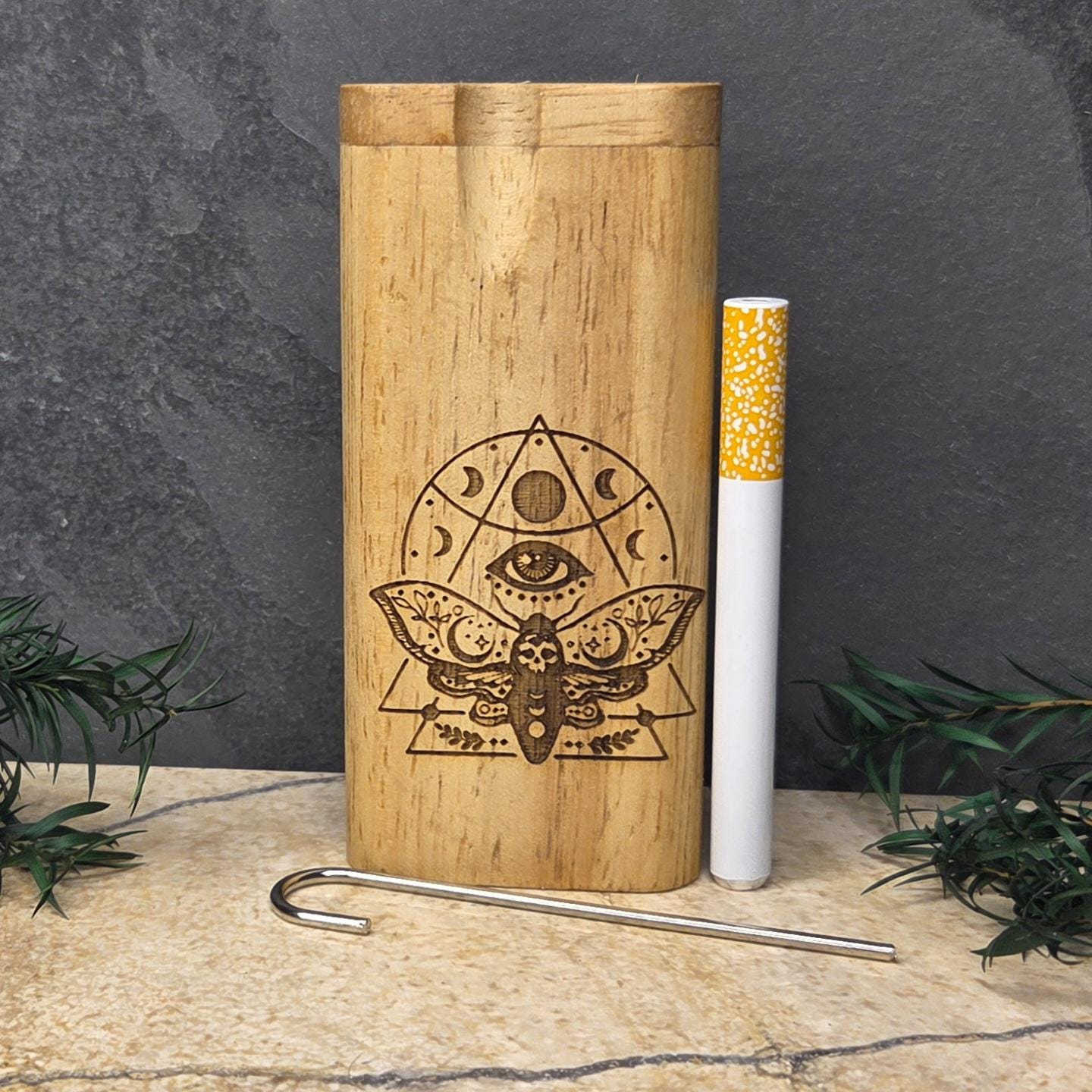 Wood Dugout Stash Box with Pick and One Hitter - Moth