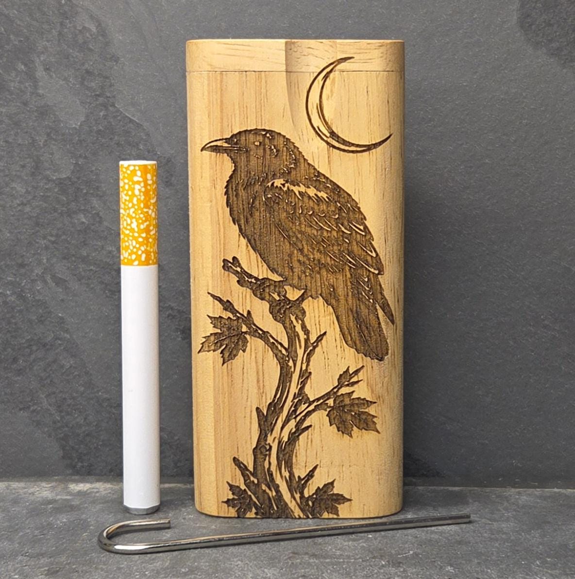 Wood Dugout Stash Box with Pick and One Hitter - Crescent Moon Raven Crow