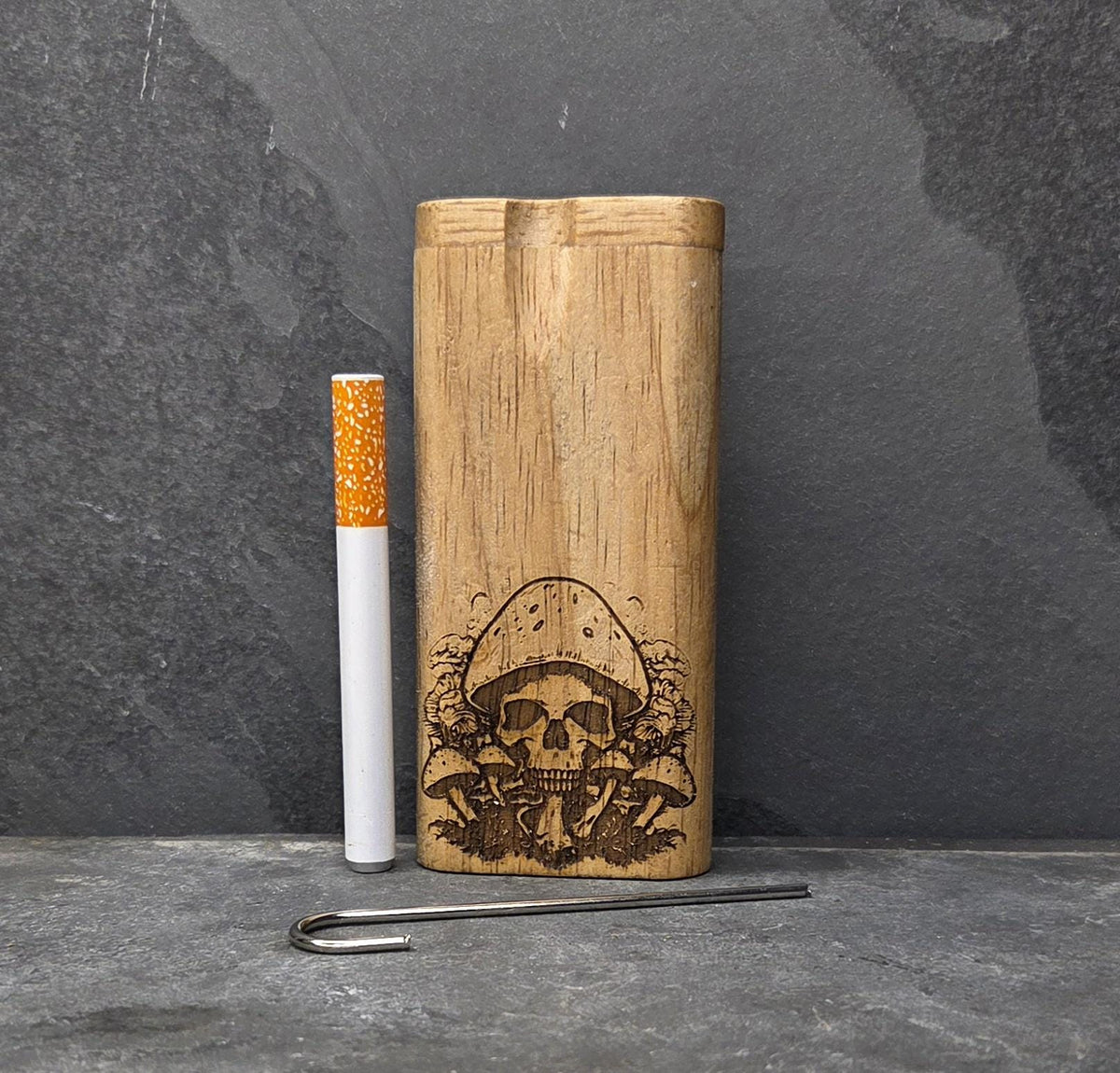 Wood Dugout Stash Box with Pick and One Hitter - Mushroom Skull