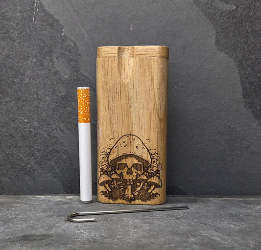 Wood Dugout Stash Box with Pick and One Hitter - Mushroom Skull