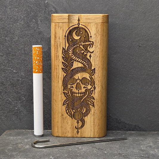 Wood Dugout Stash Box with Pick and One Hitter - Snake Skull