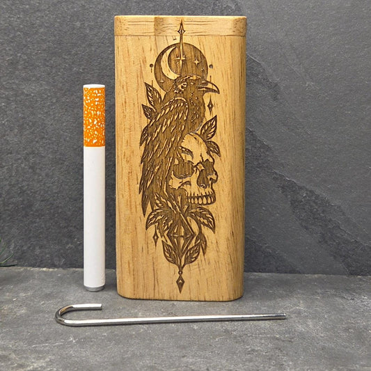 Wood Dugout Stash Box with Pick and One Hitter - Raven Crow Skull