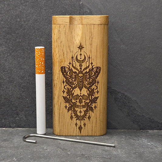 Wood Dugout Stash Box with Pick and One Hitter - Moon Moth Skull