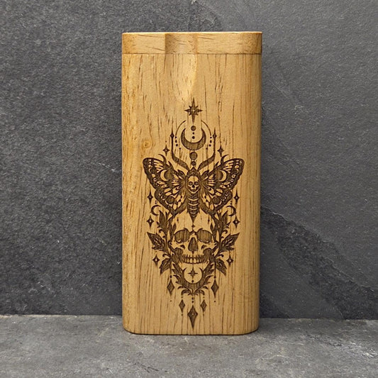 Wood Dugout Stash Box with Pick and One Hitter - Moon Moth Skull