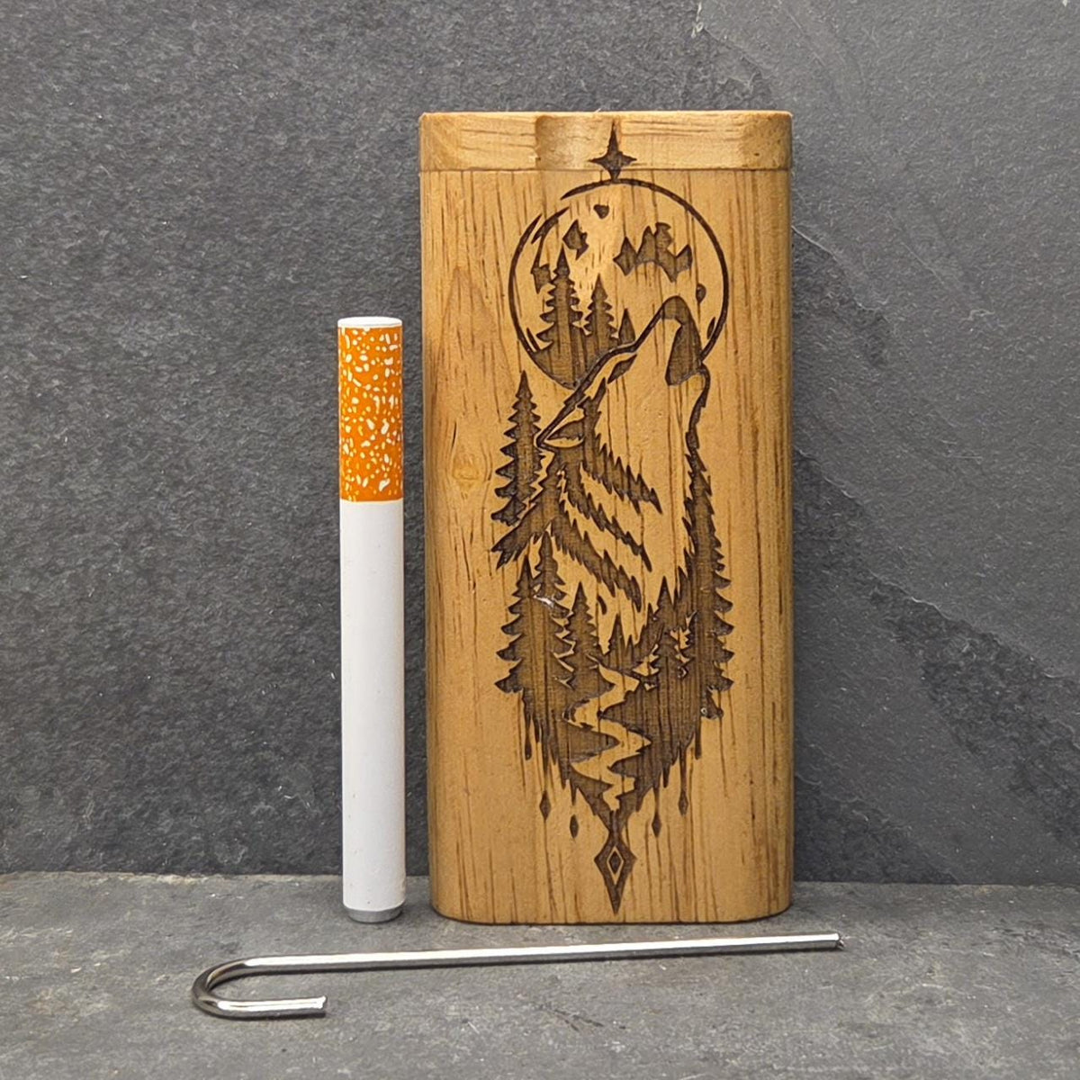 Wood Dugout Stash Box with Pick and One Hitter - Howling Wolf