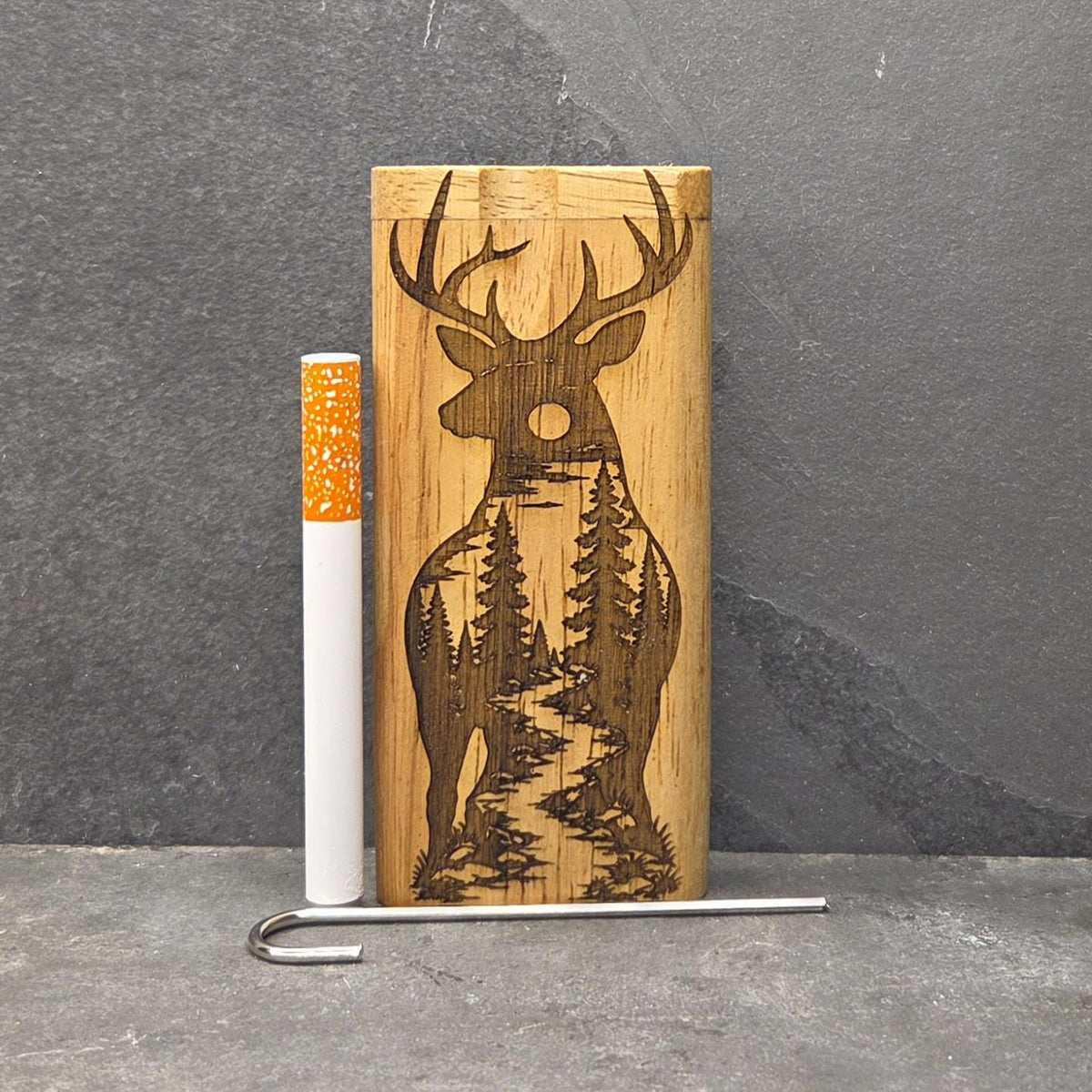 Wood Dugout Stash Box with Pick and One Hitter - Buck