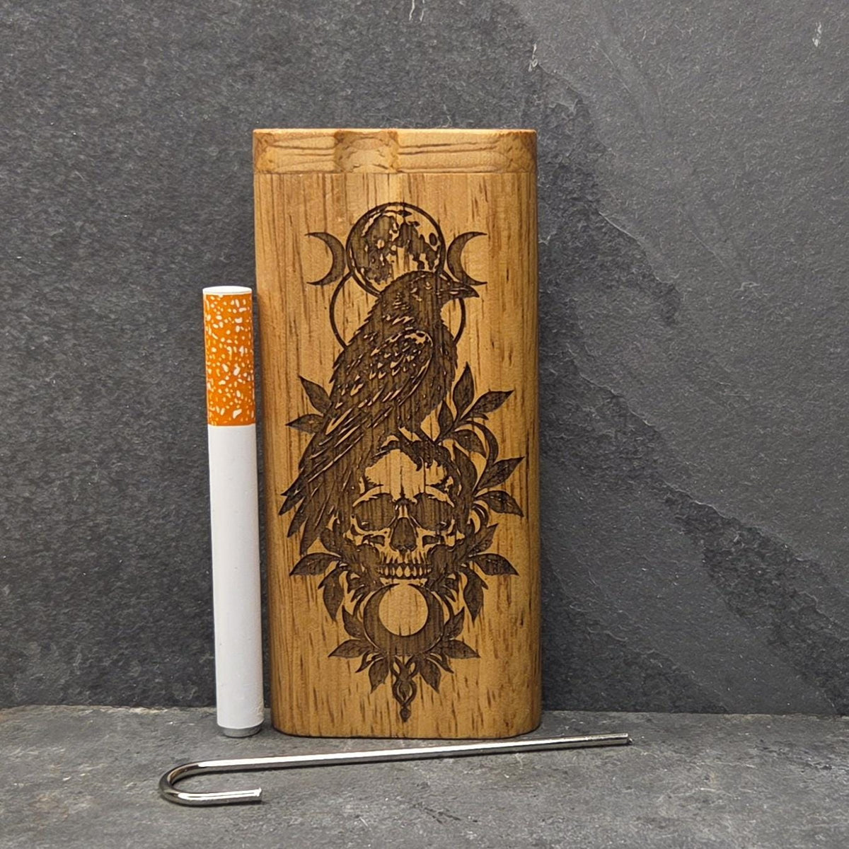 Wood Dugout Stash Box with Pick and One Hitter - Raven Crow Moon