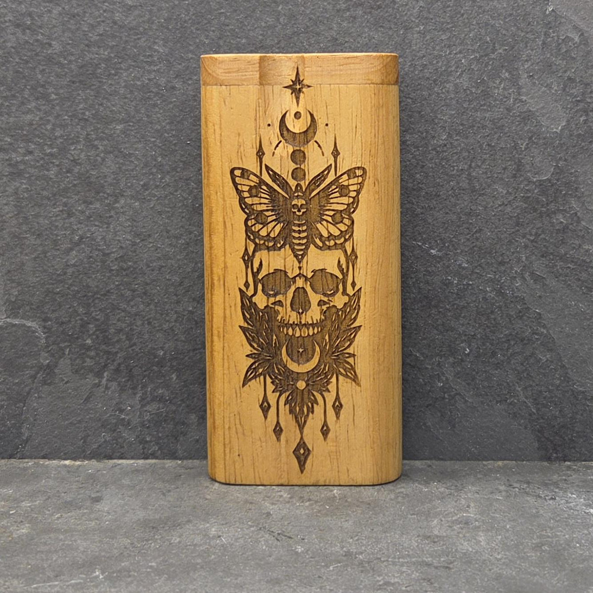 Wood Dugout Stash Box with Pick and One Hitter - Moth Skull