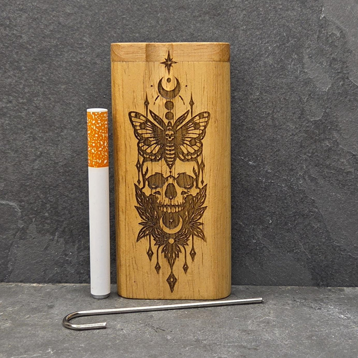 Wood Dugout Stash Box with Pick and One Hitter - Moth Skull