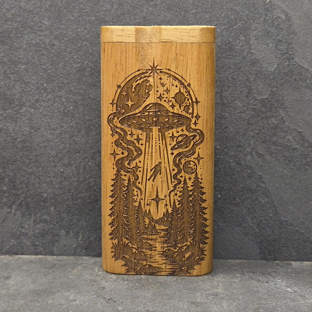 Wood Dugout Stash Box with Pick and One Hitter - Alien UFO