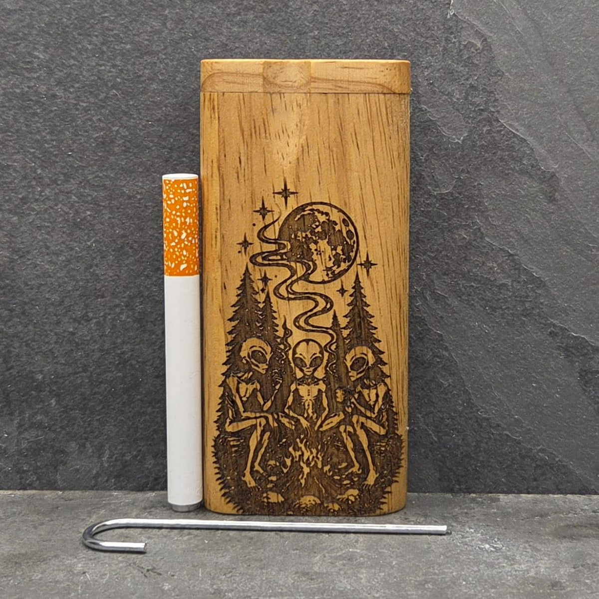 Wood Dugout Stash Box with Pick and One Hitter - Camping Aliens