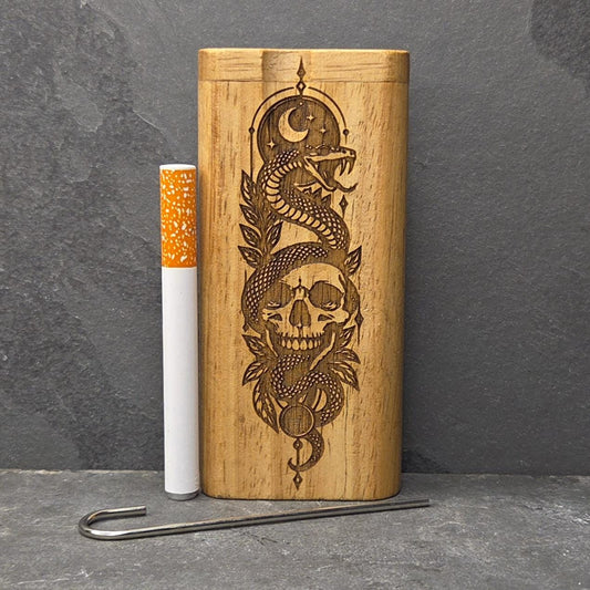 Wood Dugout Stash Box with Pick and One Hitter - Snake Skull