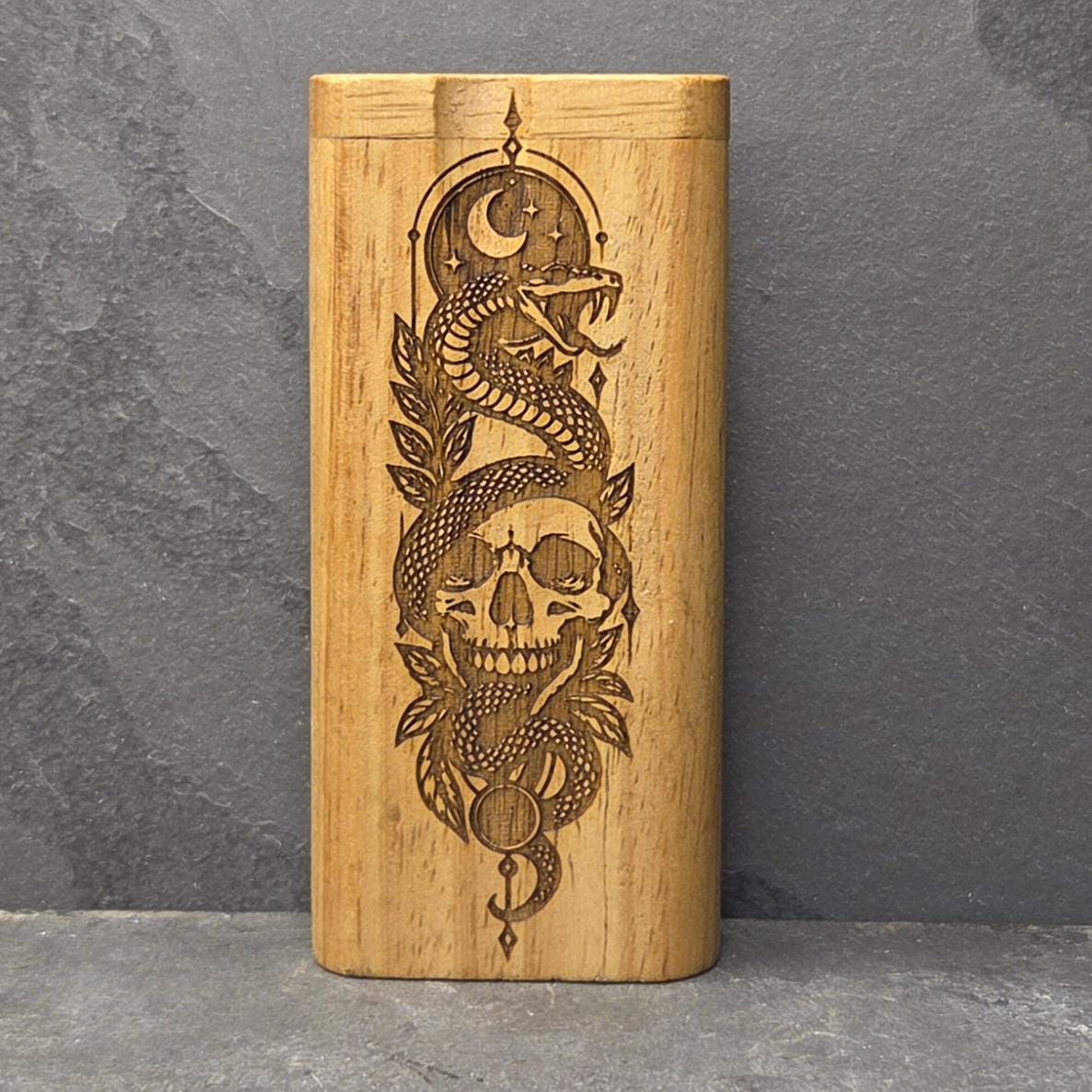 Wood Dugout Stash Box with Pick and One Hitter - Snake Skull