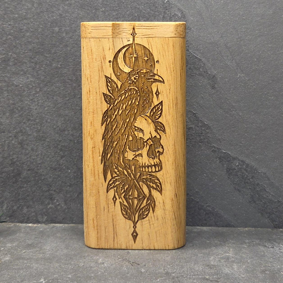 Wood Dugout Stash Box with Pick and One Hitter - Raven Crow Skull