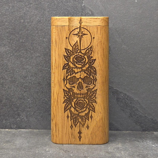 Wood Dugout Stash Box with Pick and One Hitter - Rose Skull
