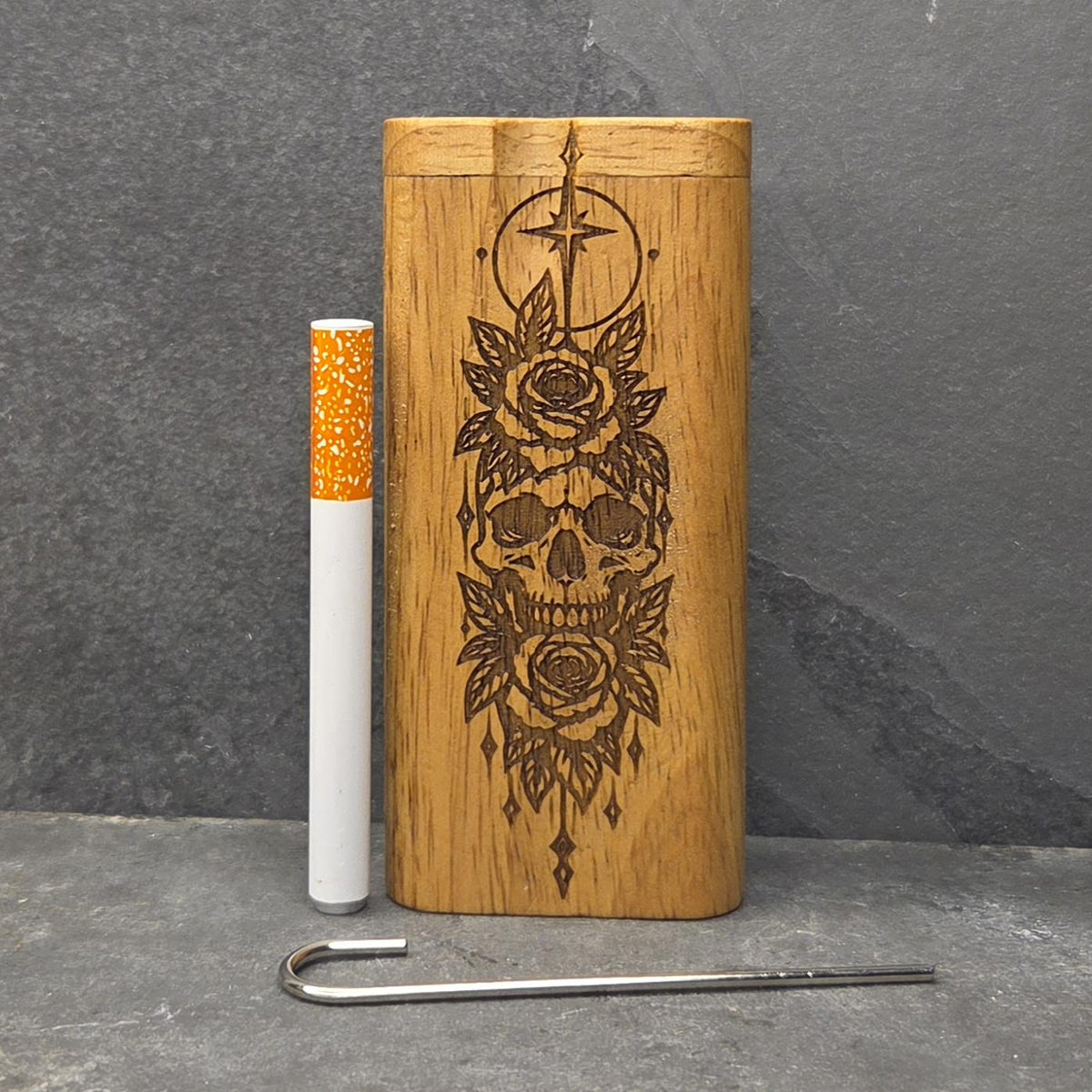 Wood Dugout Stash Box with Pick and One Hitter - Rose Skull