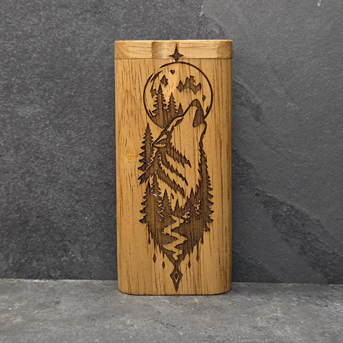 Wood Dugout Stash Box with Pick and One Hitter - Howling Wolf