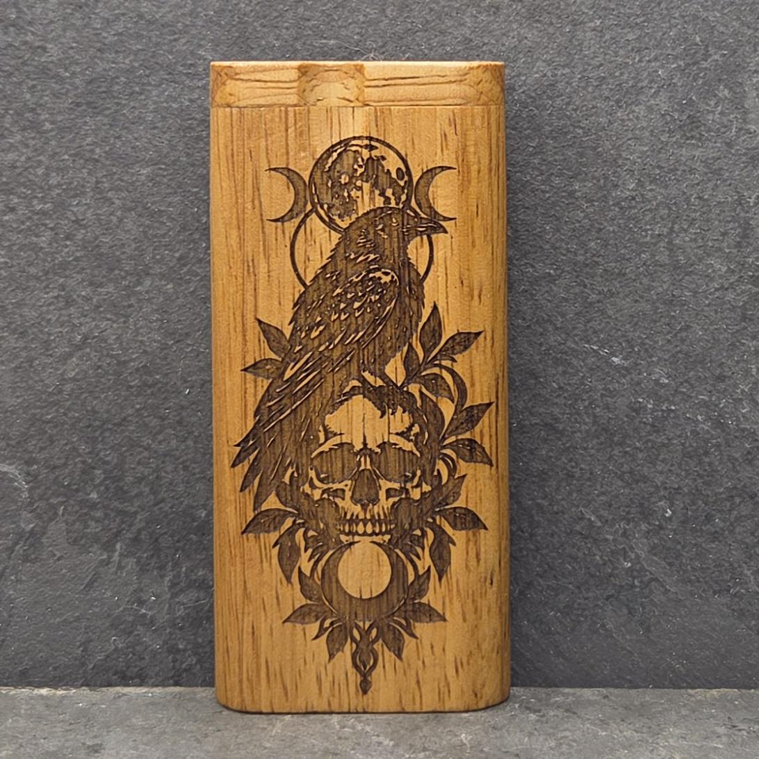 Wood Dugout Stash Box with Pick and One Hitter - Raven Crow Moon