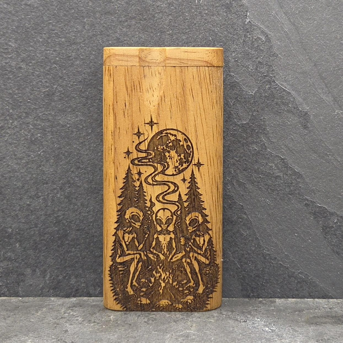 Wood Dugout Stash Box with Pick and One Hitter - Camping Aliens